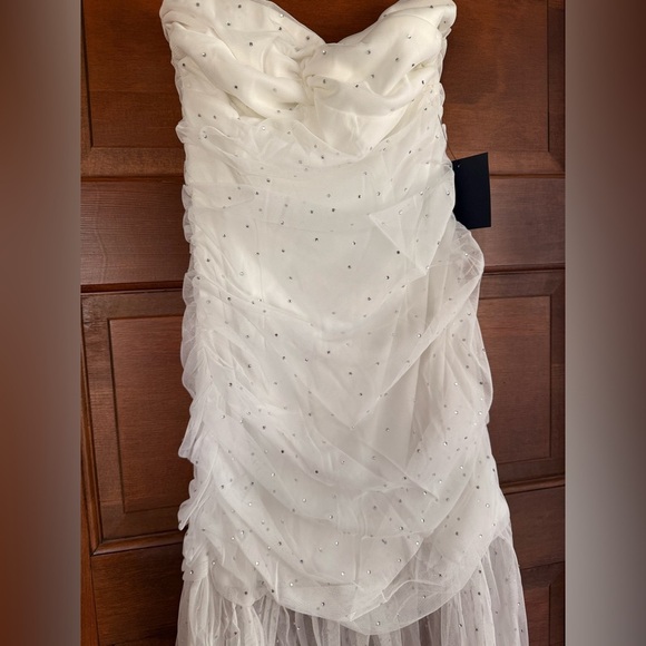 Lulus Sparkling Babe White Mesh Rhinestone Ruched Strapless Midi Dress - Picture 5 of 8